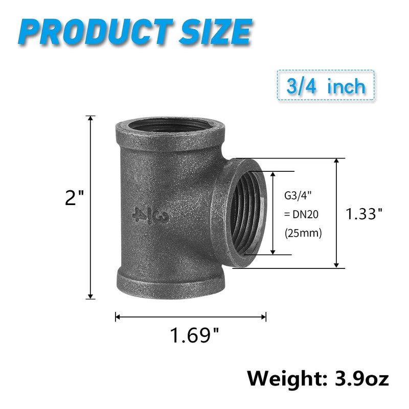Home TZH 3/4" Pipe Fitting Tee, 10 Pack DN20 Threaded Gray Cast Malleable Iron for Steampunk Vintage Shelf Bracket DIY Plumbing Pipe Decor Furniture (10, 3/4") - Image 2